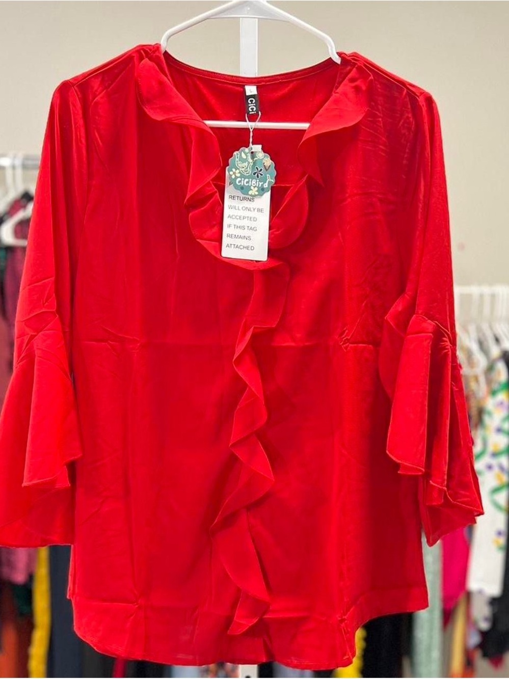 Red Ruffle-Front Blouse with Flared Sleeves - Picture 2 of 2